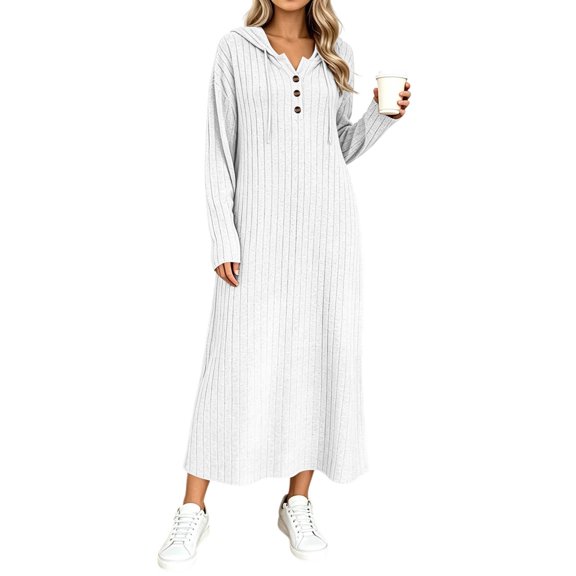 Lnmiateer Women Hooded Long Sleeve Ribbed Knit Maxi Dress Henley Half Button Loose Silhouette For Fall Casual Daily Weekend Occasions