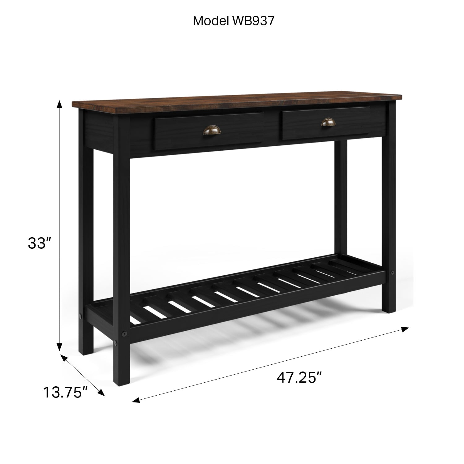 OSHOME Solid Pine Farmhouse Console Table with 2 Drawers and Shelf – Entryway Hall Table, Harvest Black & Distressed Brown Top