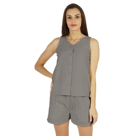 

Bimba Sexy Schiffli Nightwear Set For Womens 2 Pcs Summer V-Neck Sleeveless Loungewear