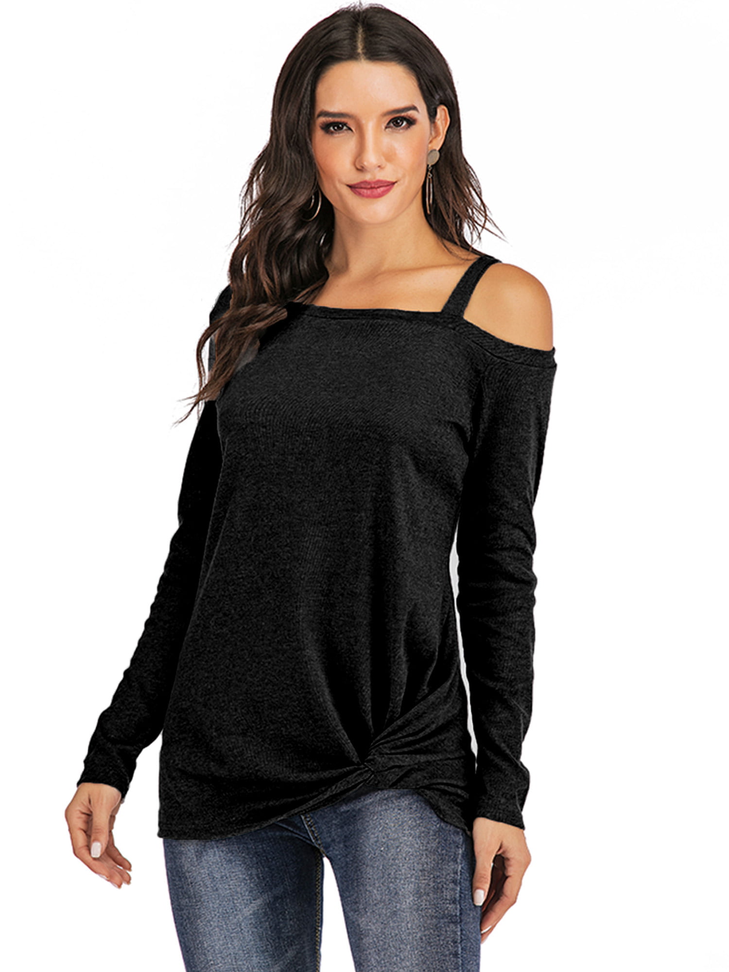 Womens Cold Shoulder T-Shirt Long Sleeve Blouses Tees Casual Front Knot Side Twist Tunic Tops Pullover 