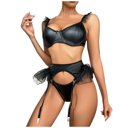 

Strungten Fun Underwear Solid Color Sexy Women s Lacquer Leather Splice Mesh Underwear Split Set