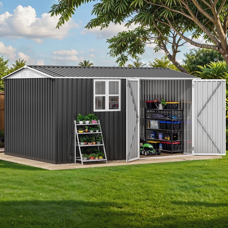 ModFusion 8x12 ft Steel Shed, Lockable 2 Doors, Large Window