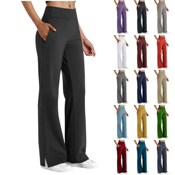Bloomae Women's Yoga Pants with Pockets Flare Leggings Split Hem Elastic High Waist Sweatpants Tummy Control Workout Casual Lightweight Trousers Purple S