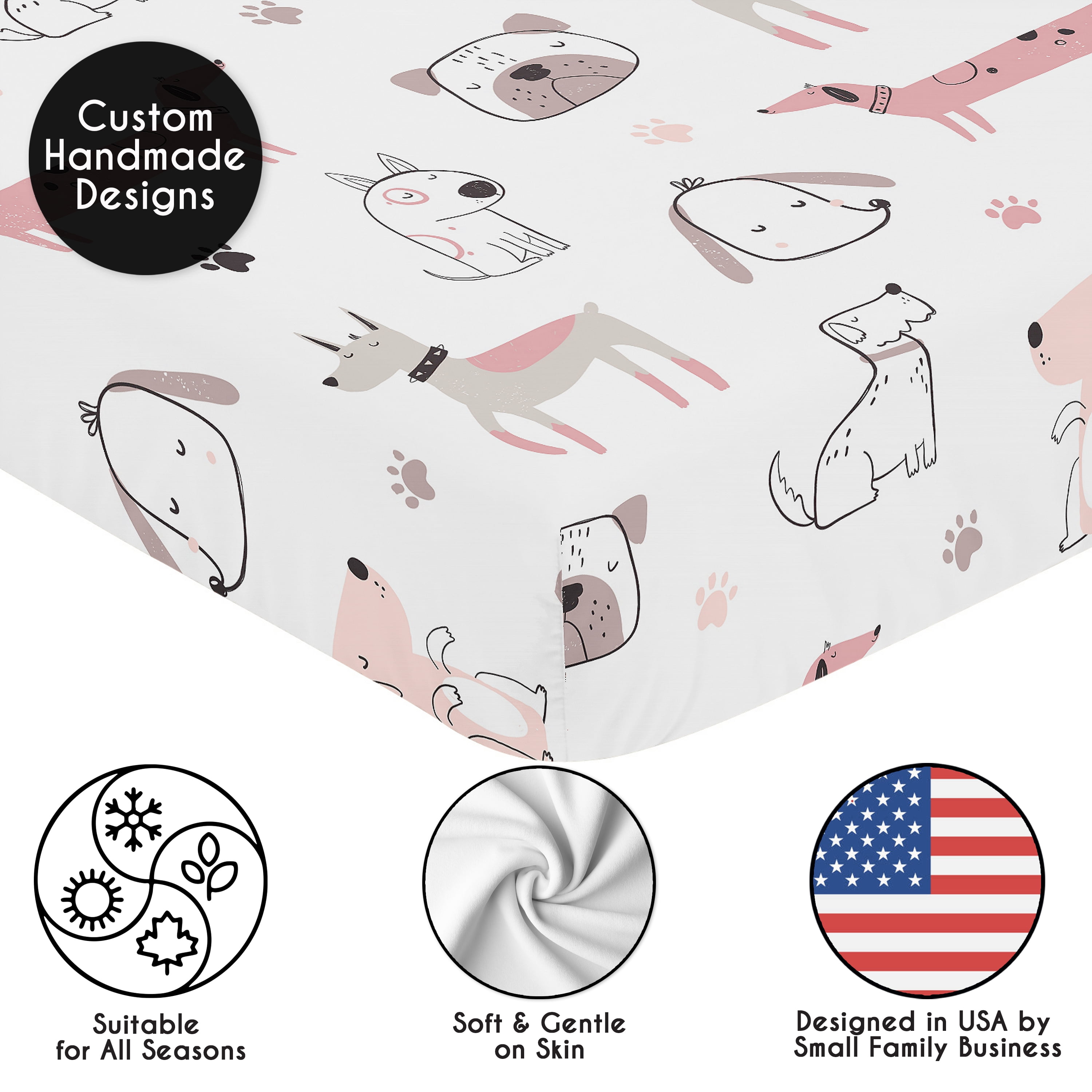 Sweet Jojo Designs Cartoon Puppy Dog White and Pink Girl Fitted Crib Sheet