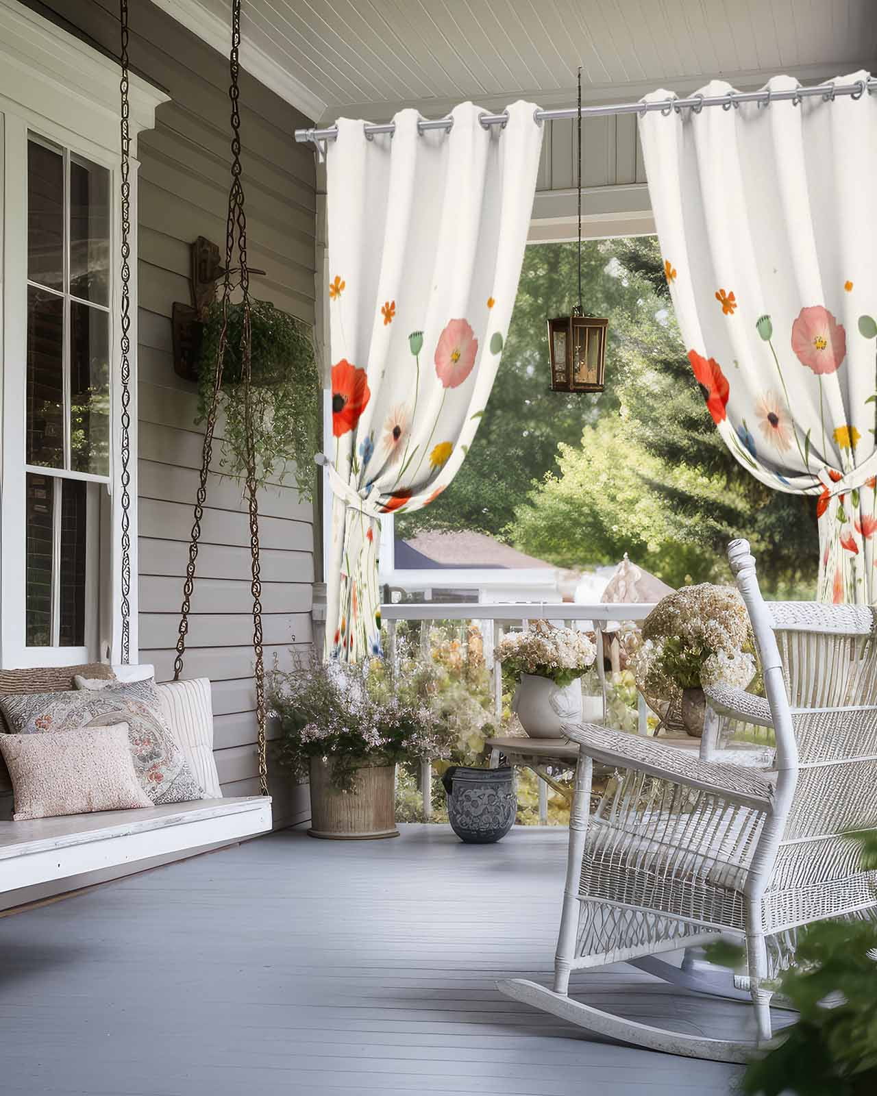 Spring Flower Outdoor Curtains for Patio, Rustic Watercolor Colorful Floral Green Leaf Plant Linen Texture Waterproof Weatherproof Outside Privacy Curtains Outdoor Drapes 54x108 Inch, 1 Panel