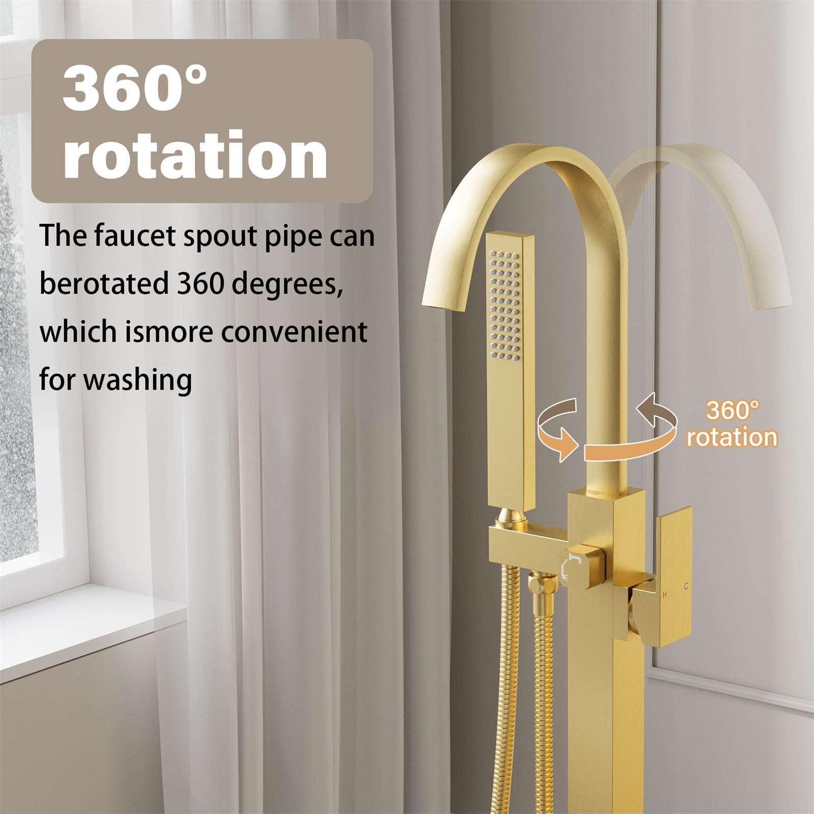 ANGELES HOME Free Standing Bathtub Faucet, Single Handle Floor Mounted Tub Filler Faucet with Handshower, Brushed Gold
