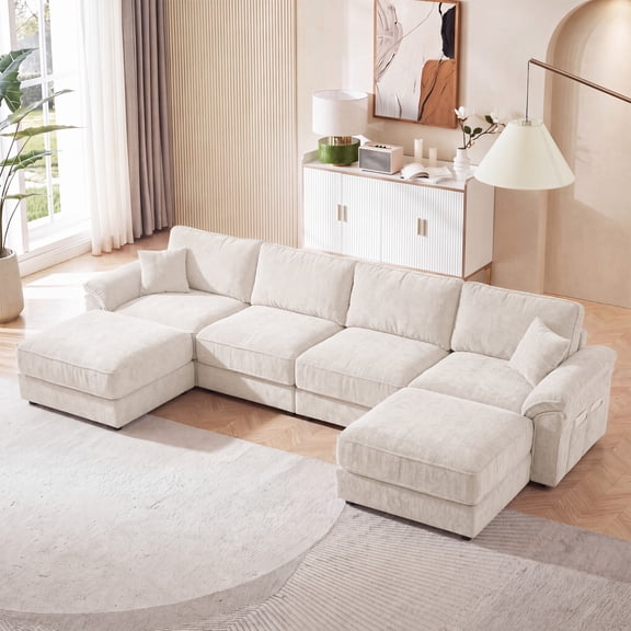 150" Modular Sectional U Shaped Sofa Couches for Living Room, Cloud Couch with Storage Ottoman, Comfy Chenille Sofa with Pillow,Beige