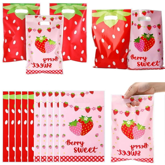 60 Pack Strawberry Party Favor Bags,Red Pink Berry Themed Gift Bags,Strawberry Goodies Bags Candy Bags Plastic Treat Bags for Birthday, Wedding, Baby Shower, Strawberry Theme Parties (6.5x9.8 inch)