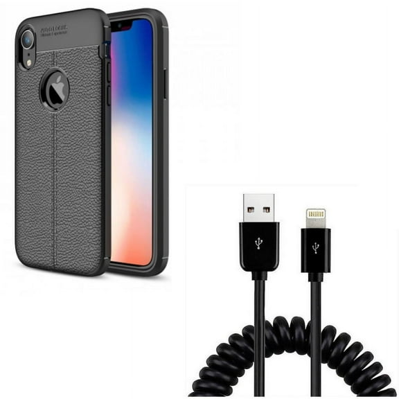 USB Cable w Case for iPhone XR - Coiled Charger Cord Power Sync, PU Leather Slim Fit Cover Reinforced Bumper Shock Absorbent Compatible With iPhone XR
