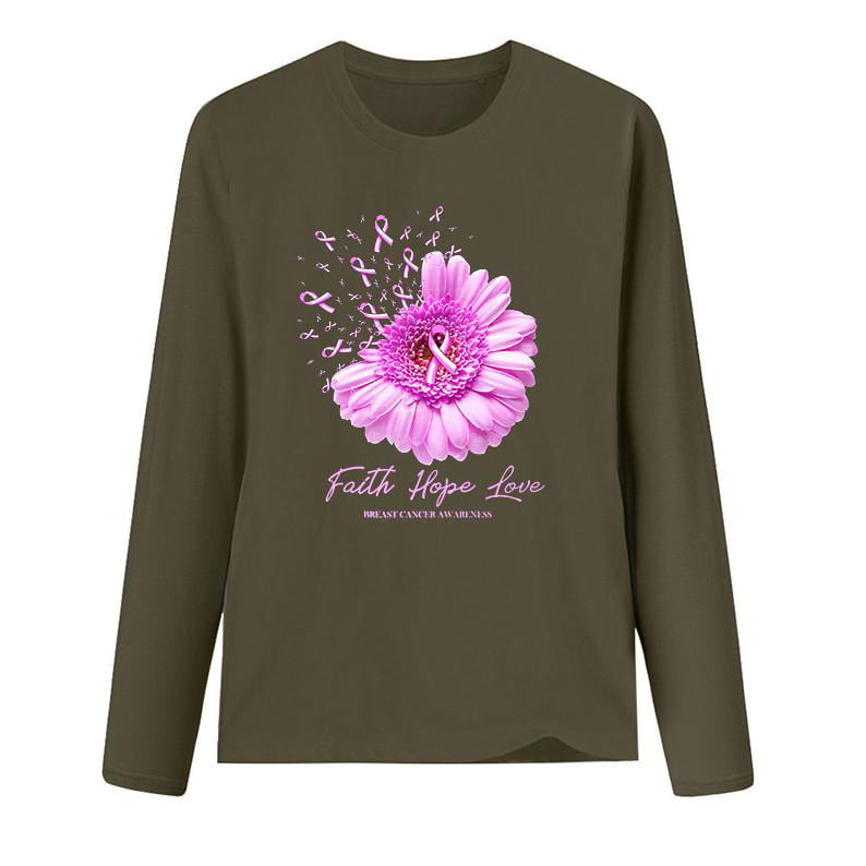 Faith Hope Love Pink Ribbon Breast Cancer Awareness T-Shirt Womens Long Sleeve Peace Love Inspirational Shirts