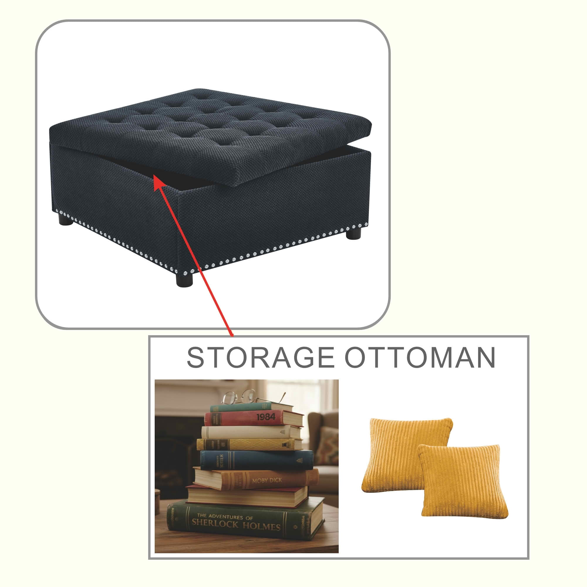 MAYEERTY 30 In Storage Ottoman, Tufted Footstool, Nailhead Trim, Square Ottoman, Black