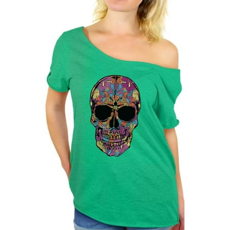 Black Floral Shirt - Awkward Styles Women's Black Flowered Skull Graphic Off Shoulder Tops T-shirt Floral Sugar Skull Day of Dead