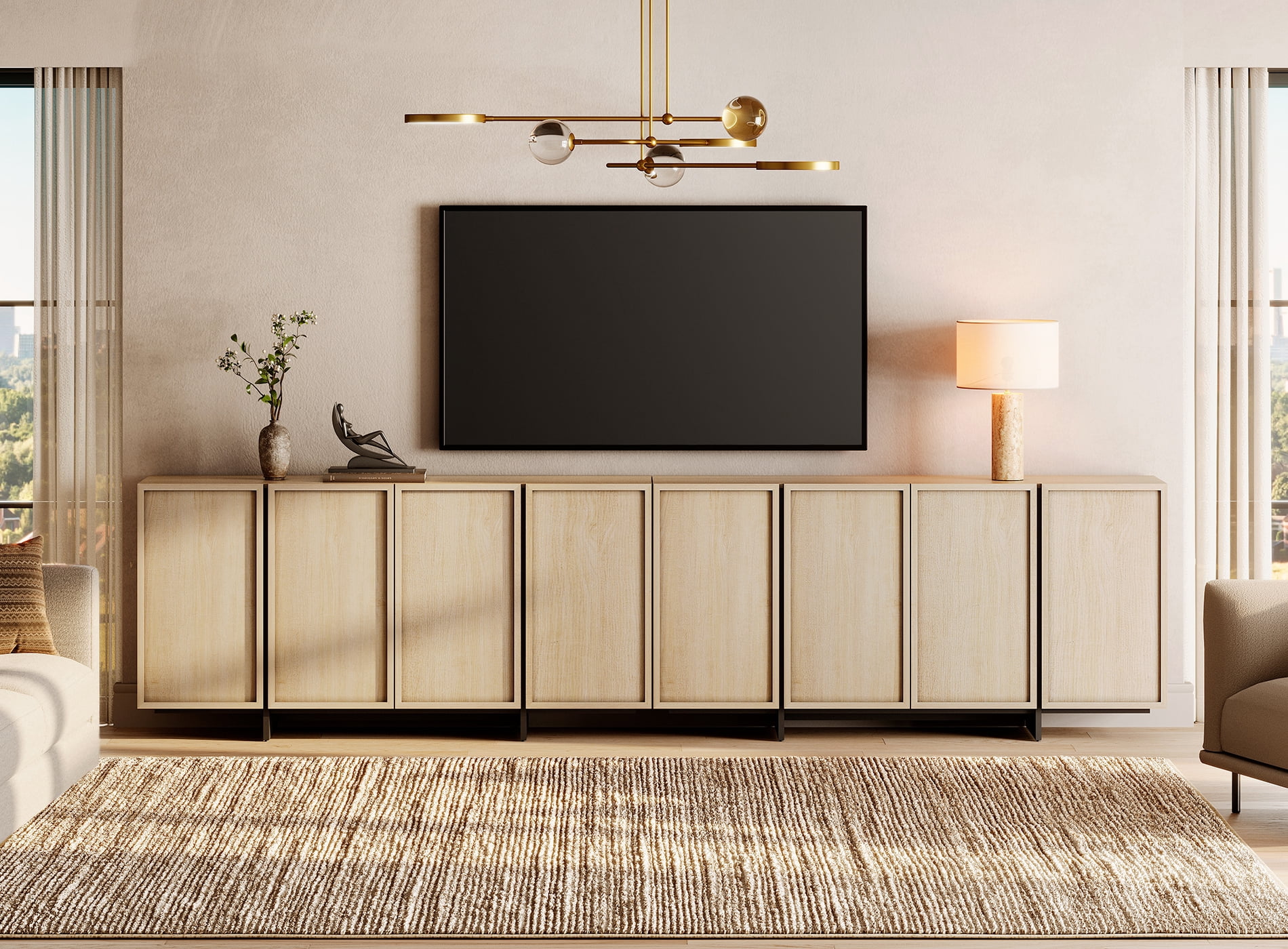 WAMPAT Modern TV Stand for TVs Up to 110", Wooden Entertainment Center TV Console with 8 Door Closed Storage and T-Shaped Wood Legs, Media Console Cabinet for Living Room, Bedroom, Beige