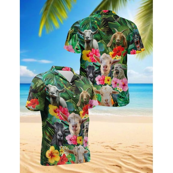 Funny Goat Tropical Hawaiian Shirt for Men, Button Down Summer Beach Short Sleeve, Goat Lover Gifts, Tropical Style, S-5XL