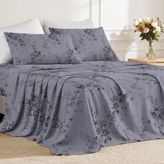 Flymme Dark Gray Floral Sheet Set Queen Size,Botanical Print Bed Sheets for Women Man ,Minimalist Bedding Sheets & Pillowcases Soft Microfiber 18" Deep Pocket Fitted Bedsheet