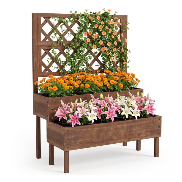 Garvee jardinera de madera con enrejado de 41.93 x 22.44 x 52.95 pulgadas, cama elevada con drenaje para patio y horticultura