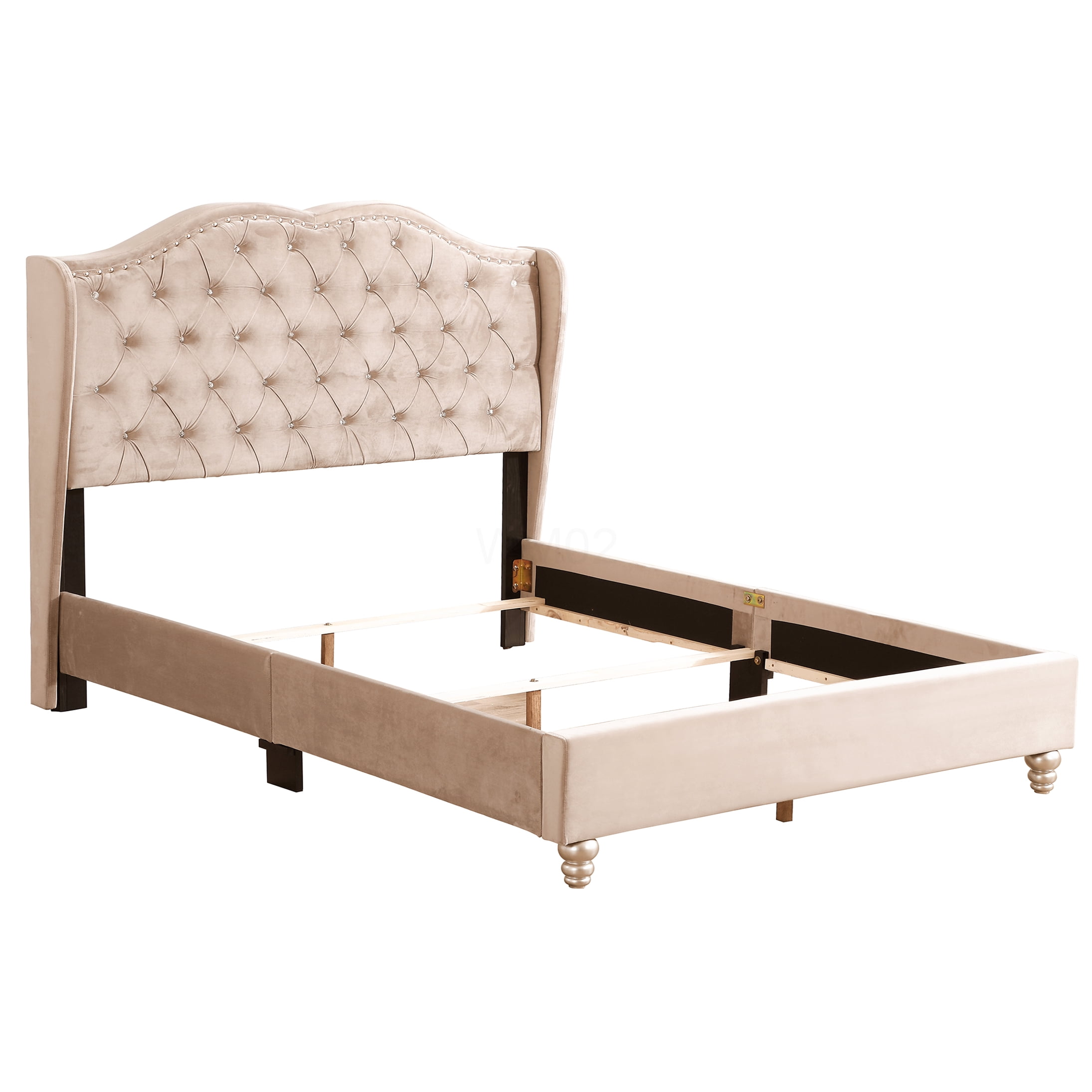 Beige Velvet Upholstered Queen Size Bed Frame with Platform Base and Tufted Headboard, No Box Spring Needed, Easy Assembly Modern Bedroom Furniture