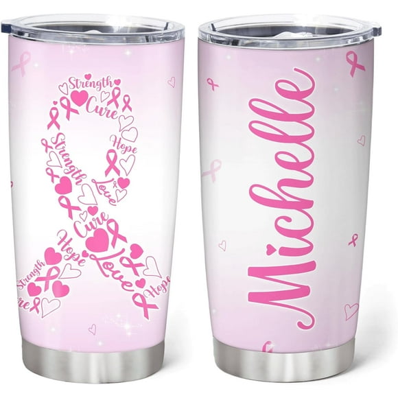 Breast Cancer Awareness Gifts For Women - Custom Name Stainless Steel Tumbler Coffee 20 oz - Ribbon Pink Hope Breast Cancer Gifts For Friend, Mom On Awareness Month, Christmas