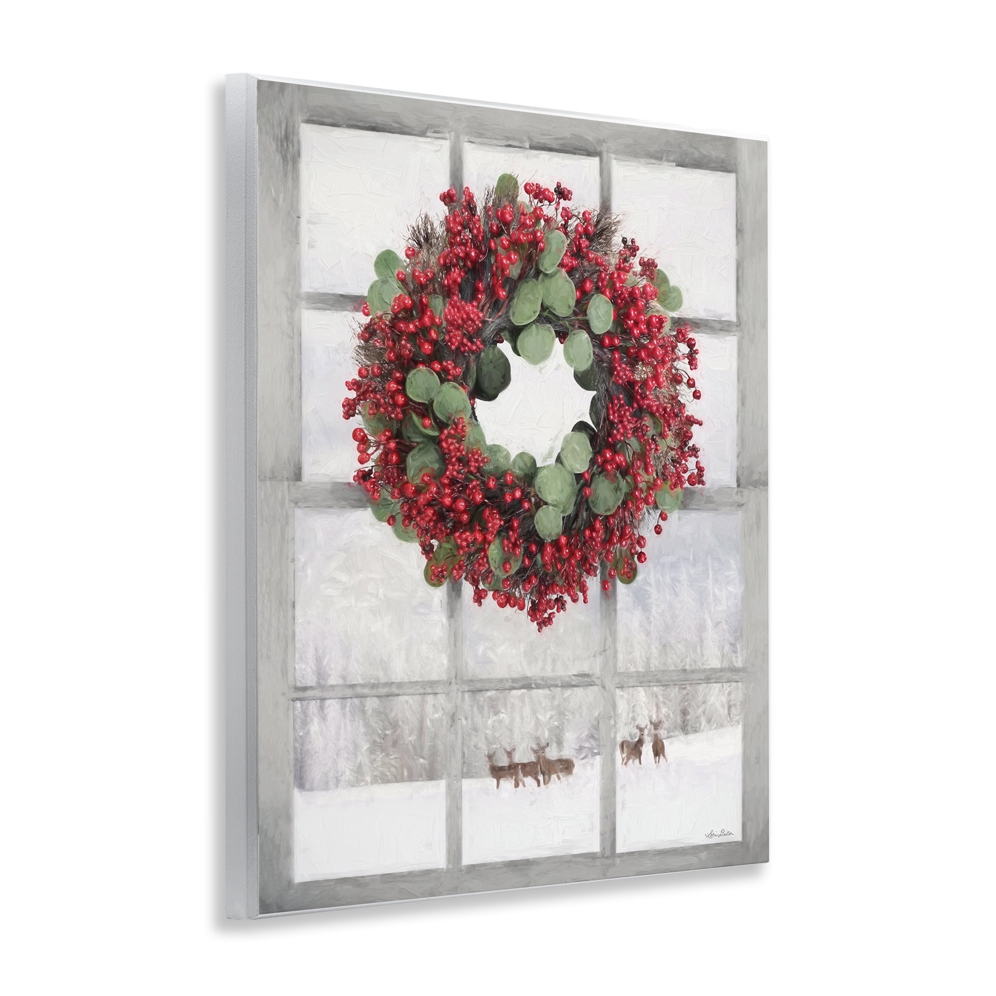Stupell Industries Holly Wreath & Reindeer Holiday Painting Unframed Art Print Wall Art, 11 x 14