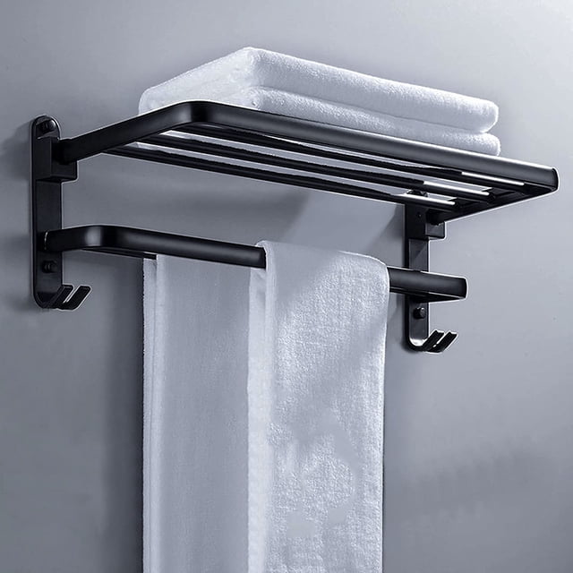 ANNA TOSANI Accesorios de Baño, Estante de Toallas Plegable de Pared, Toallero de Acero Inoxidable Negro, 58cm con Barras y Ganchos, Ideal para Baño y Cocina