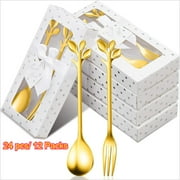 12 Packs (24pcs) Elegant Golden Wedding Forks And Teaspoons, Gold Forks And Spoons Set, Metal Leaf Pattern, Individually Boxed Gift, For Wedding, Bridal Shower, Tea Party, Souvenirs for Guests