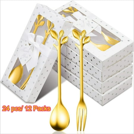12 Packs (24pcs) Elegant Golden Wedding Forks And Teaspoons, Gold Forks And Spoons Set, Metal Leaf Pattern, Individually Boxed Gift, For Wedding, Bridal Shower, Tea Party, Souvenirs for Guests