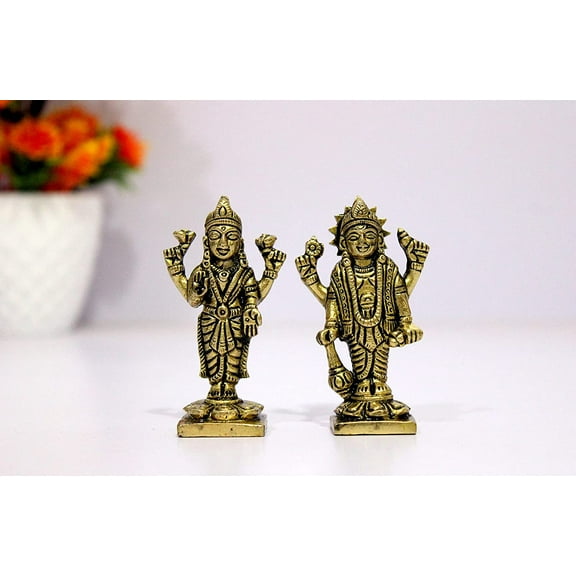 eSplanade Brass Lakshmi Narayan Pair - Lord Vishnu with Laxmi Idol Murti Statue Sculpture - 3" Inches | Pooja Idols | Home Decor