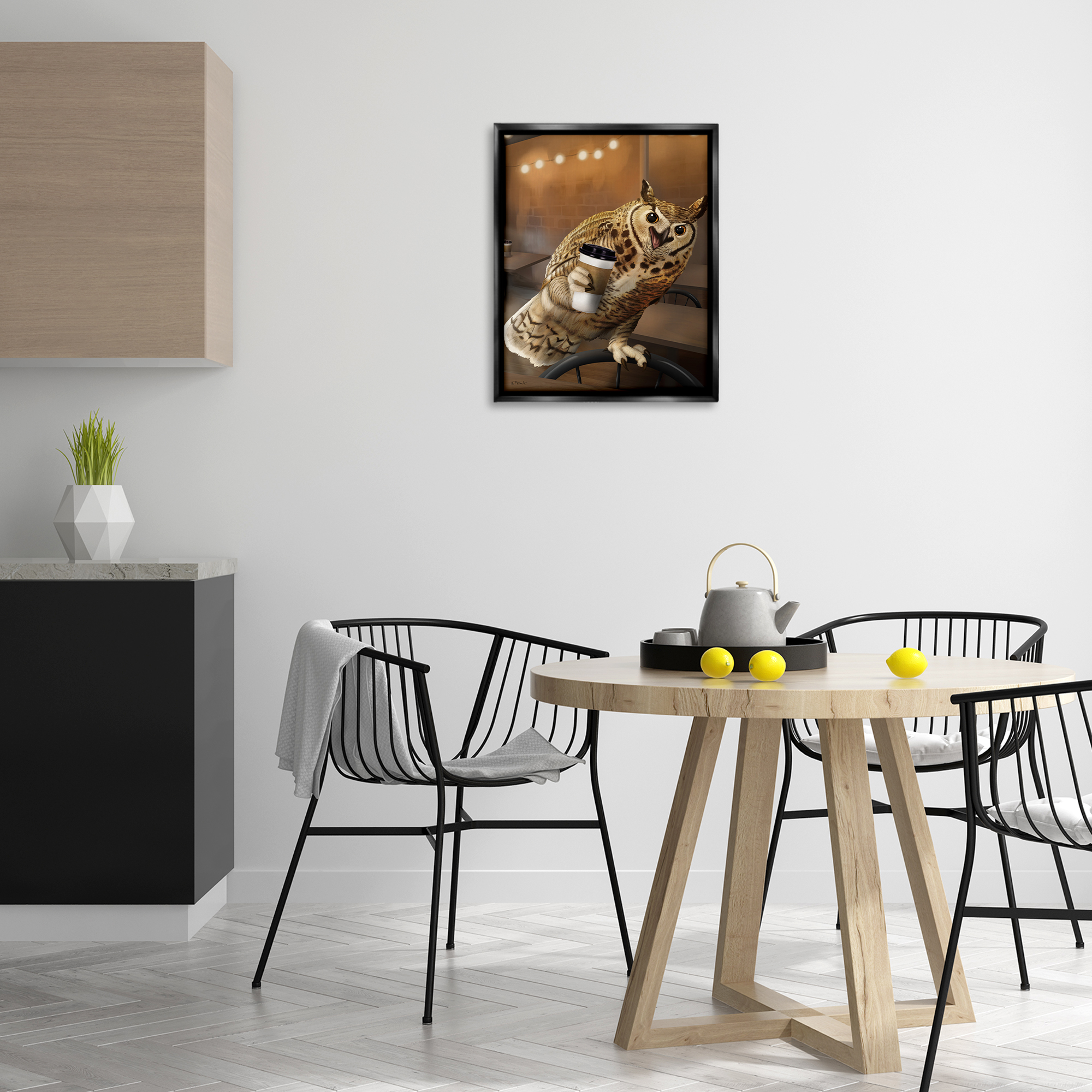 Stupell Industries Owl with Coffee Cup Food & Beverage Painting Black Floater Framed Canvas Art Print Wall Art, 17 x 21