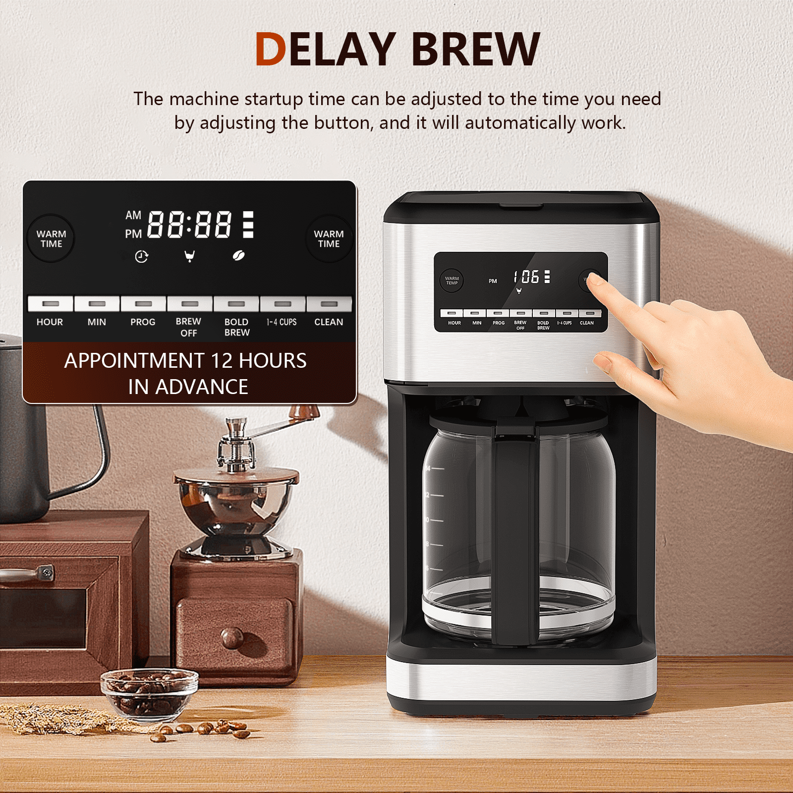 FREE VILLAGE Coffee Maker, Drip Coffee Machine, 14-Cup Glass Carafe, 24 Hours Programmable Coffee Brewer, Keep Warm,Washable Filter,Stainless Steel,Silver
