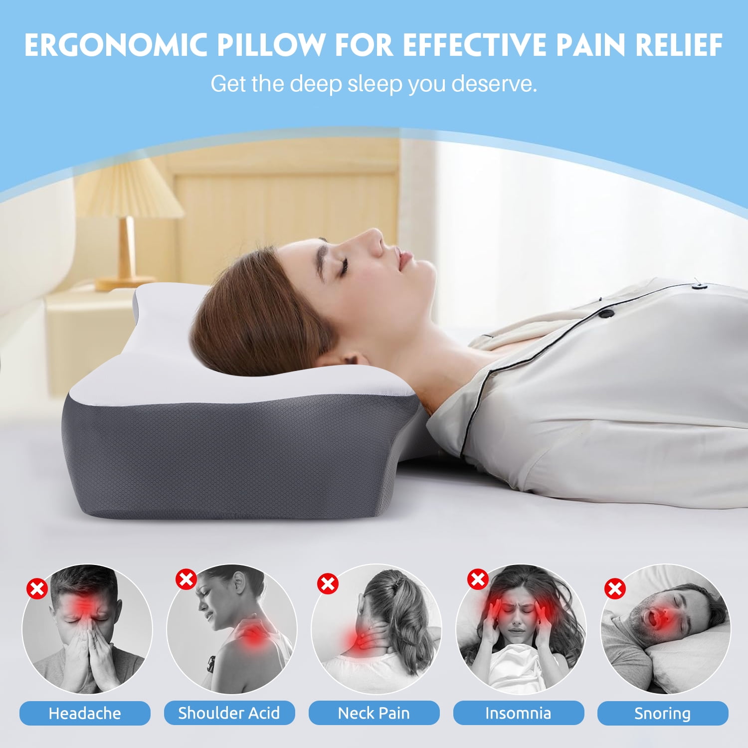MOONORAH Cervical Memory Foam Pillow Neck Bed Pillow for Pain Relief Sleeping, Ergonomic Orthopedic for Side Back and Stomach Sleepers with Breathable Pillowcase, Queen Size 25" x 16.5" x 5.5" Gray