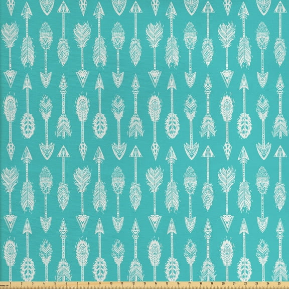 Tribal Fabric by the Yard Upholstery, Pattern of Simple Monochrome Style Design with Ornate Direction Pointers, Decorative Fabric for DIY and Home Accents, Dark Seafoam and Ivory by Ambesonne