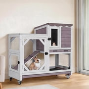 Aivituvin Rabbit Cage Indoor, 2-Story Bunny Cage with Leak-Proof Trays, Chew-Proof Wooden Rabbit Cage on Wheels for Small Pets (39.3" L x 22" W x 36.8" H)