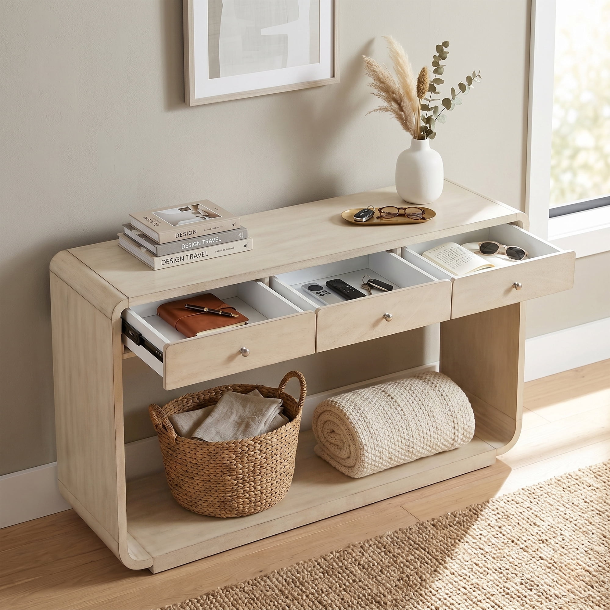 Euroco 55" Modern Console Table, Wood Entryway Table Hallway Table Sofa Table Behind Couch with 3 Drawers,Storage Shelf & Curved Legs for Living Room,Natural