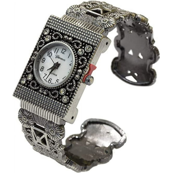 Blekon Collections Antique Style Rectangle Face Fashion Women's Silver Marcasite Bangle Cuff Watch