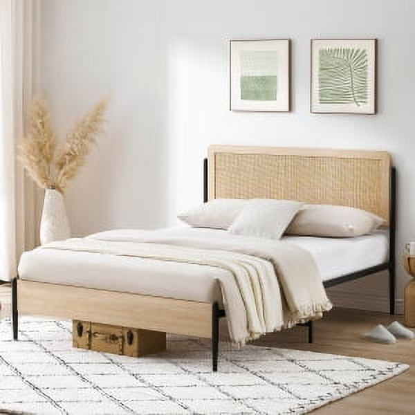 OUYAWEI Queen Size Boho Bed Frame with Natural Rattan Headboard & Solid Wood Footboard - Under Bed Storage Space,Quiet Noise-Free Design,No Box Spring Needed,Oak