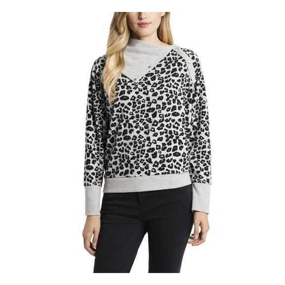 VINCE CAMUTO Womens Gray Ribbed Fold Over Neck With Snaps Animal Print Long Sleeve Top L