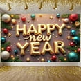 thumbnail image 3 of Gold Foil Happy New Year Banner Balloon Design New Year Display Colorful Ornaments Pine Branches Holiday Backdrop for New Year Party Christmas Celebration Indoor Decoration, 3 of 9