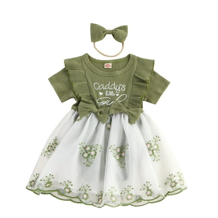 

Newborn Girls Princess Dress Outfit 3M 6M 12M 18M 24M Short Sleeve Crew Neck Bow Flower A-line Romper Dress with Headband Sweety Girls Clothes