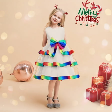 

B91xZ Girls Spring Dress Child Girls Sleeveless Ruffles Bowknot Pageant Dress Birthday Party Kids Rainbow Gown Beige Size 7-8 Years