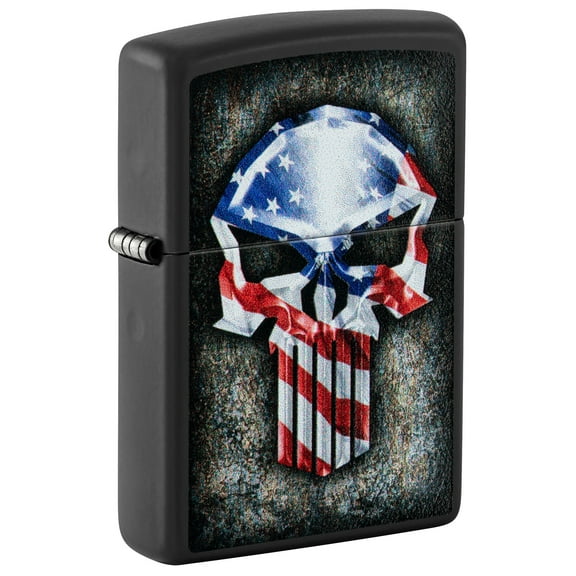 Zippo Lighter: Skull Punisher, American Flag - Black Matte 81556
