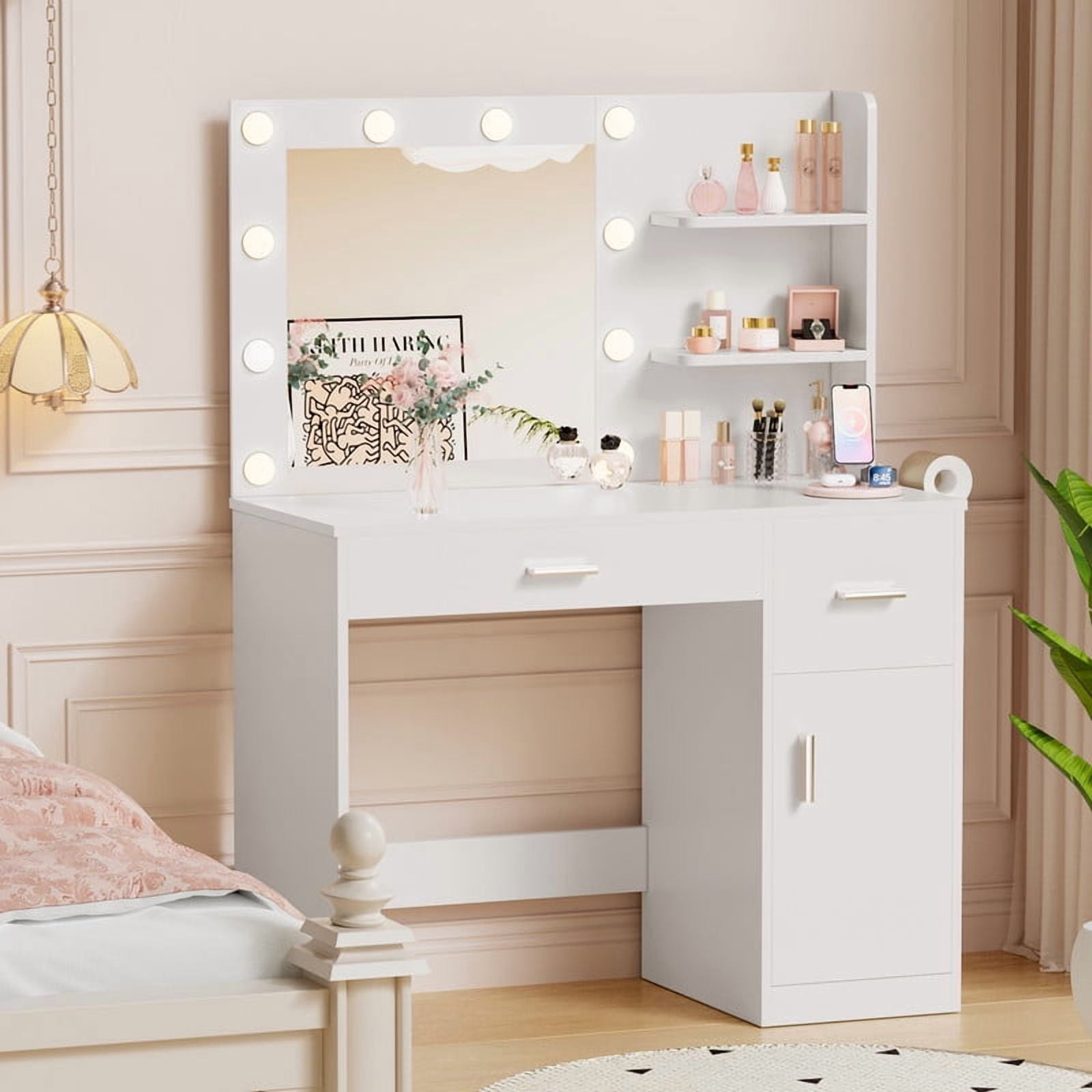 Homall Vanity Table Set with Lights, Mirror & Storage, Makeup Vanity Desk with Power Outlet for Bedroom, White
