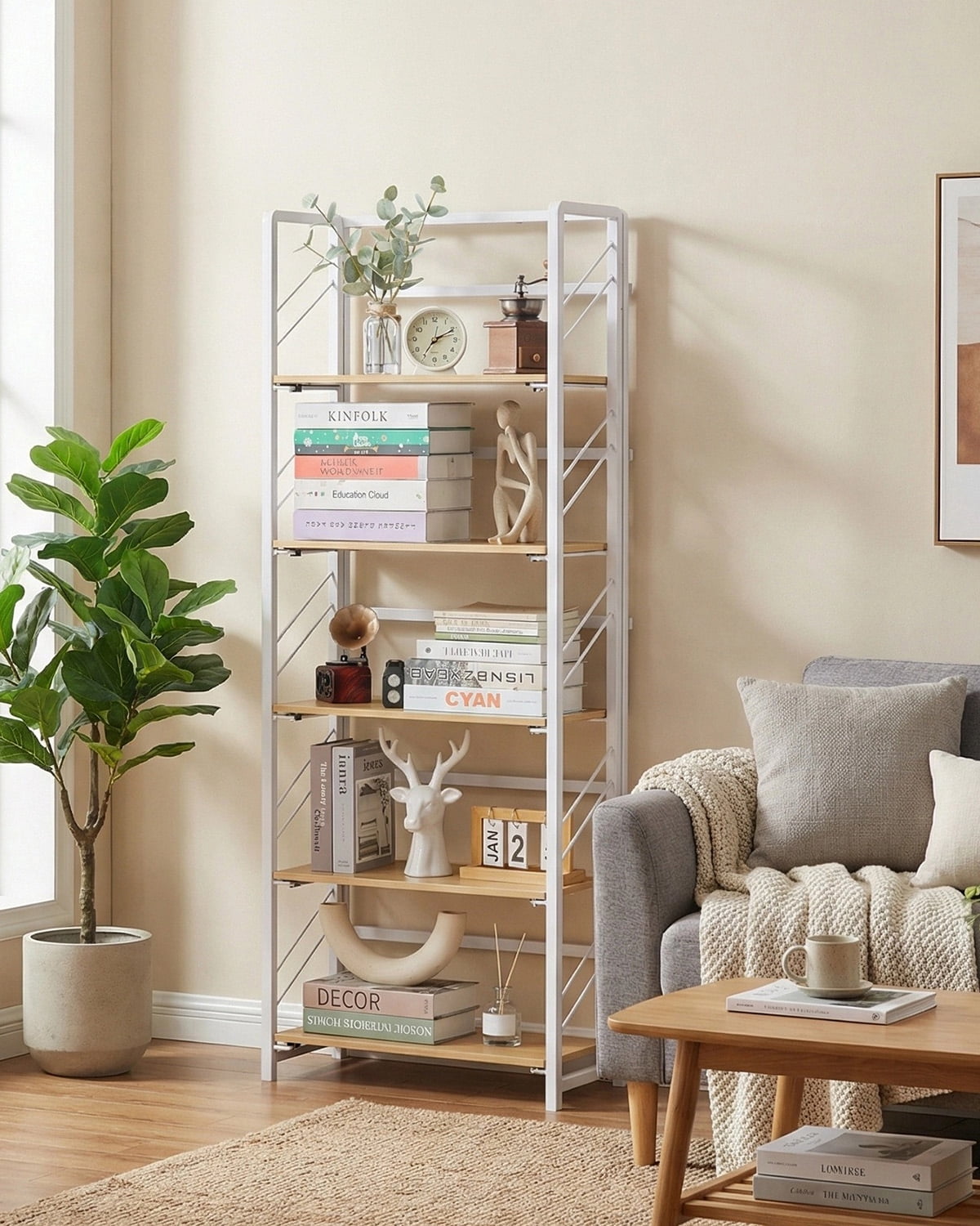 No-Assembly Bookcase,5-Tier Folding Bookshelf, Vintage Storage Shelves,Standing Racks Display Organizer for Home,Office