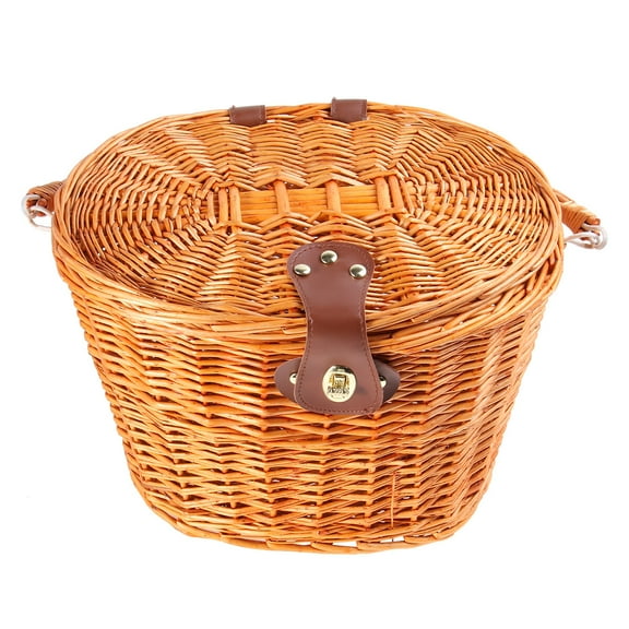Wicker Bike Basket with Lid and Front Handlebar for Easy Carrying