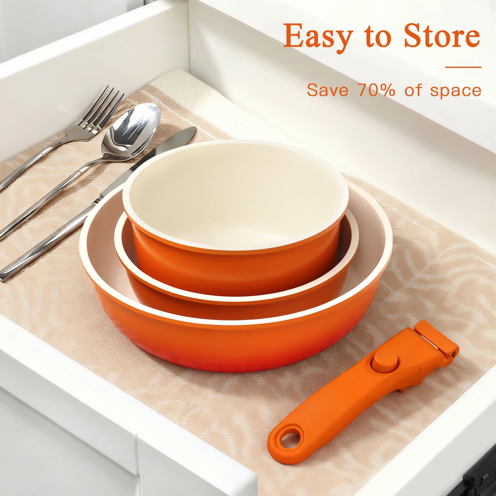 Gipp 11pcs Ceramic Cookware Sets, Pots and Pans Set Non Stick with Removable Handle, Oven & Dishwasher Safe,Induction Cookware, Kitchen Cooking Set for RV Trips and Camping,Orange