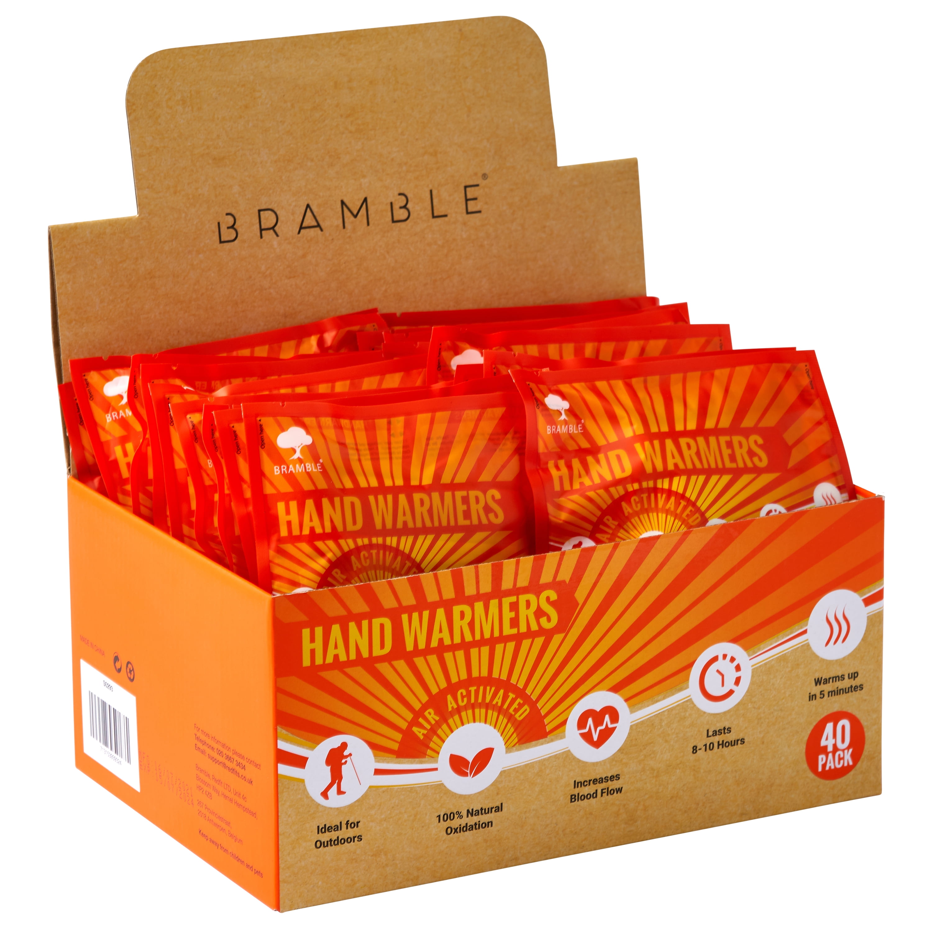 Bramble - Pack de Chauffe-Mains et d'orteils (40 Paires, 80 au Total) - Chauffe-Mains et Chauffe-Orteils adhésifs jetables de Poche - Activés par l' air et sans Odeur - Jusqu'à 10 Heures de