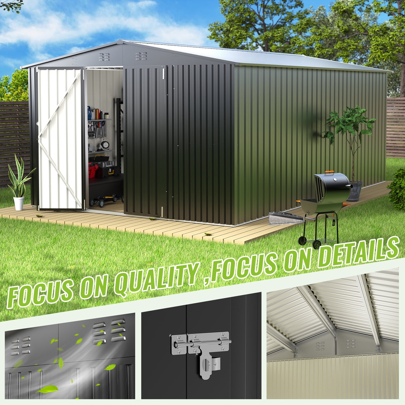 PABIMIA 10 x 14 ft Metal Outdoor Storage Shed with Roof, Lockable Doors for Lawn and Patio Furniture Storage, Black