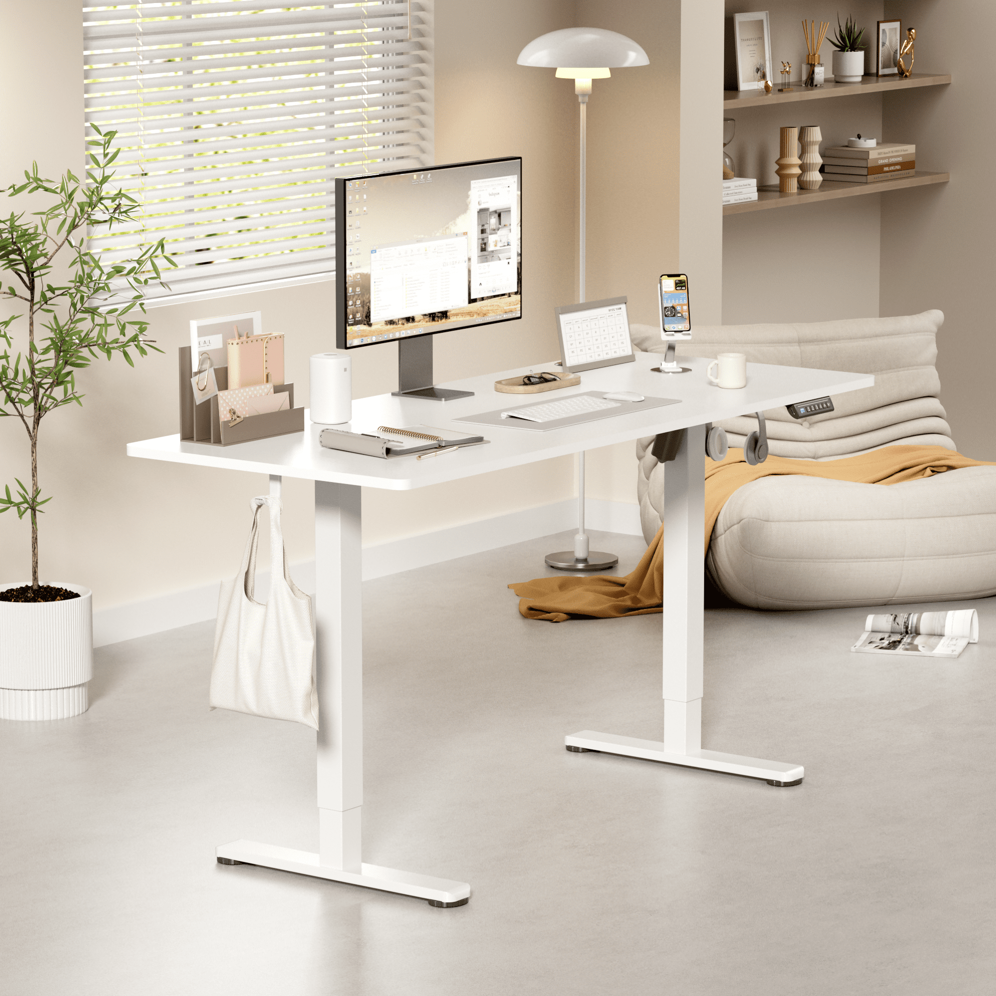 Lacoo 55" x 24" Sit to Stand Desk Height Adjustable Standing Desk Electric Stand up Table with Phone Stand, White