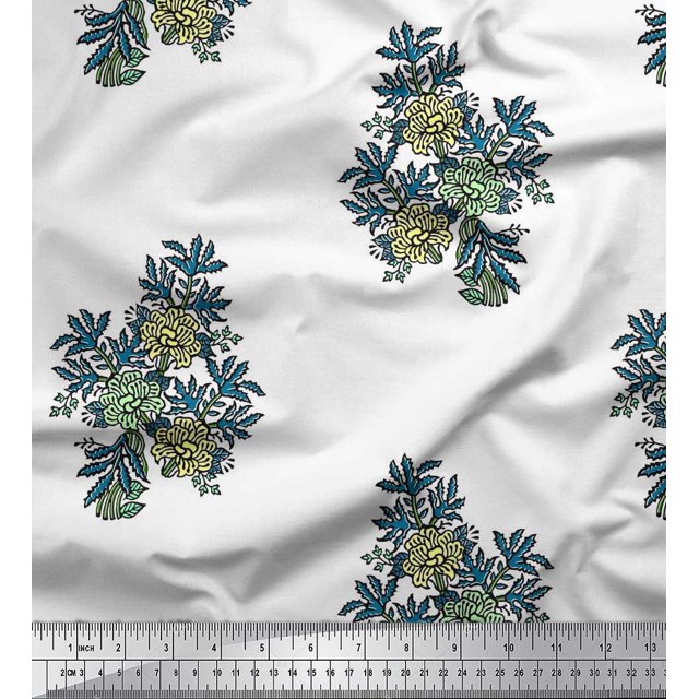 Soimoi Moss Georgette Fabric Leaves & Floral Block Print Fabric by Yard 42 Inch Wide