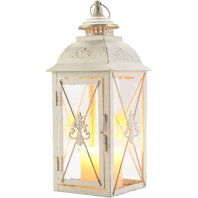 Farol colgante vintage - Candelabro decorativo de metal y vidrio templado de 13,5'' - Ideal para eventos en interiores y exteriores, patios, jardines, fiestas - Diseño elegante con acabado cepillado
