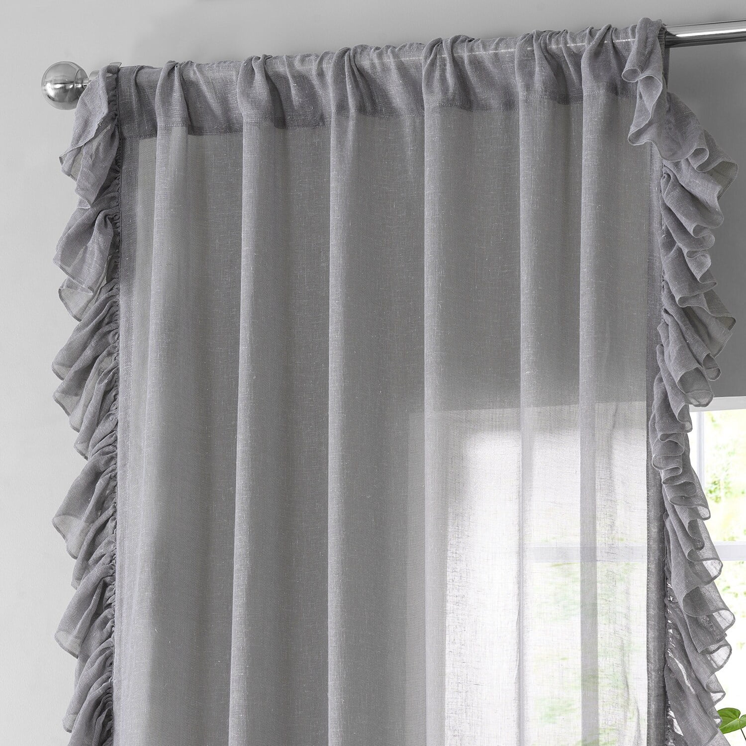 Nickel Faux Linen Ruffle Sheer Curtain (1 Panel), Nickel, 50W X 84L